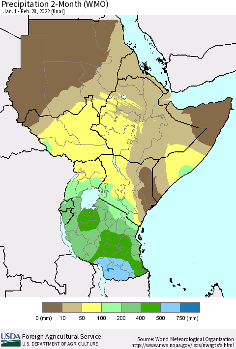 Eastern Africa Precipitation 2-Month (WMO) Thematic Map For 1/1/2022 - 2/28/2022