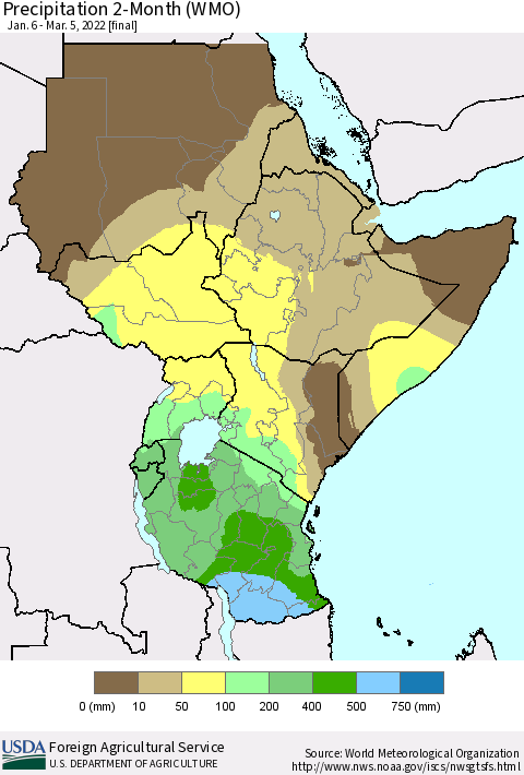 Eastern Africa Precipitation 2-Month (WMO) Thematic Map For 1/6/2022 - 3/5/2022