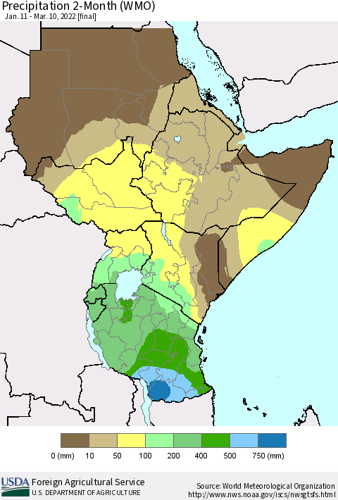 Eastern Africa Precipitation 2-Month (WMO) Thematic Map For 1/11/2022 - 3/10/2022