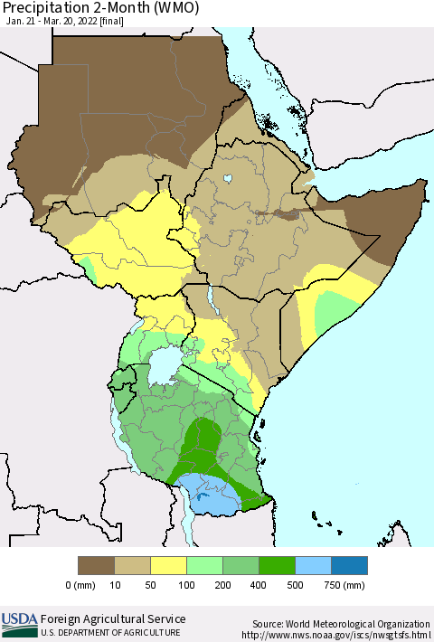 Eastern Africa Precipitation 2-Month (WMO) Thematic Map For 1/21/2022 - 3/20/2022