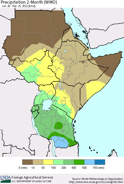 Eastern Africa Precipitation 2-Month (WMO) Thematic Map For 1/26/2022 - 3/25/2022