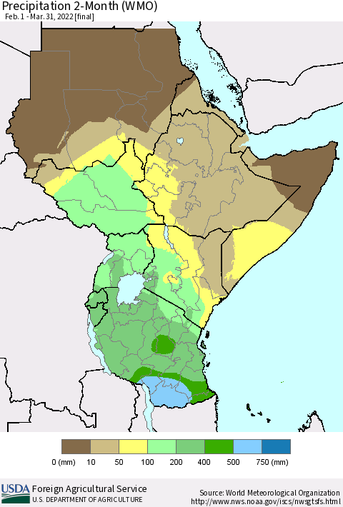 Eastern Africa Precipitation 2-Month (WMO) Thematic Map For 2/1/2022 - 3/31/2022