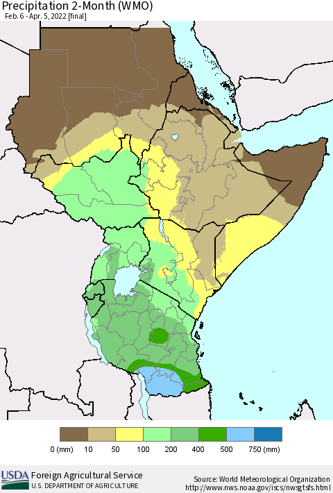 Eastern Africa Precipitation 2-Month (WMO) Thematic Map For 2/6/2022 - 4/5/2022