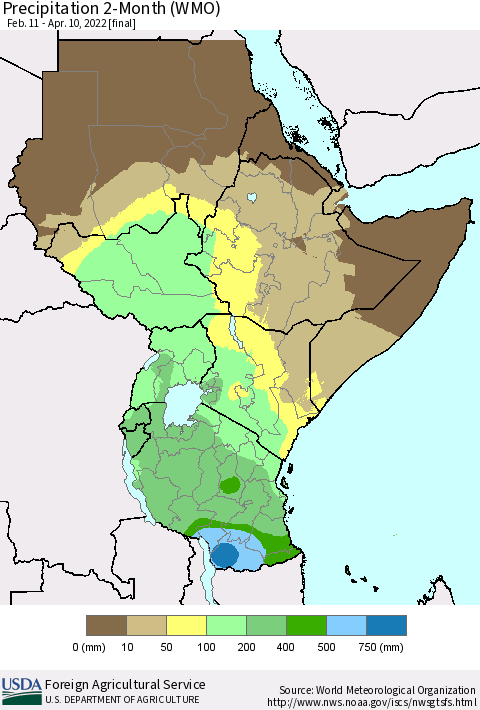 Eastern Africa Precipitation 2-Month (WMO) Thematic Map For 2/11/2022 - 4/10/2022