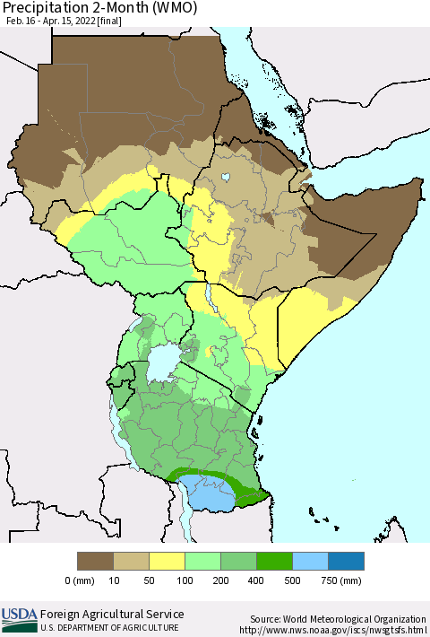 Eastern Africa Precipitation 2-Month (WMO) Thematic Map For 2/16/2022 - 4/15/2022