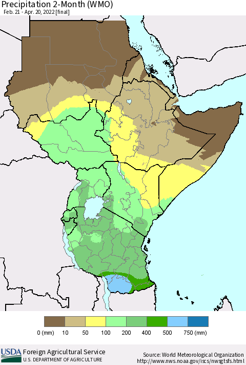 Eastern Africa Precipitation 2-Month (WMO) Thematic Map For 2/21/2022 - 4/20/2022