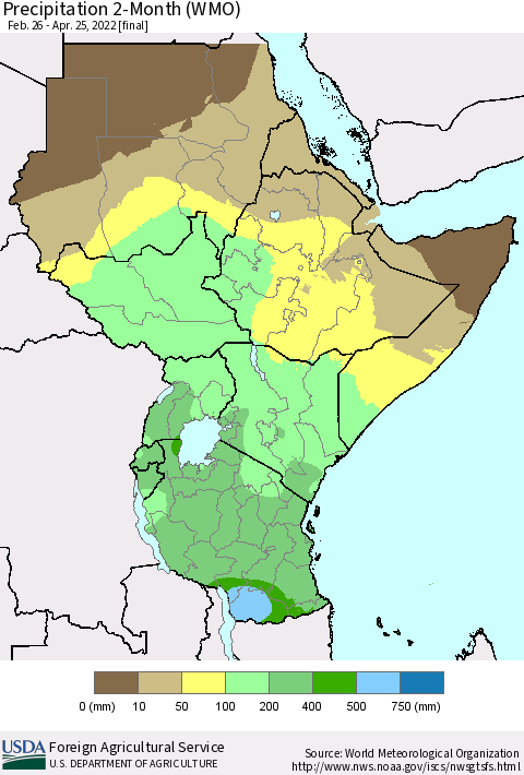 Eastern Africa Precipitation 2-Month (WMO) Thematic Map For 2/26/2022 - 4/25/2022