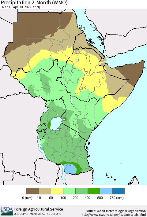 Eastern Africa Precipitation 2-Month (WMO) Thematic Map For 3/1/2022 - 4/30/2022