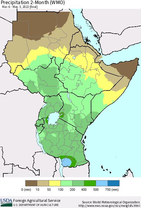 Eastern Africa Precipitation 2-Month (WMO) Thematic Map For 3/6/2022 - 5/5/2022