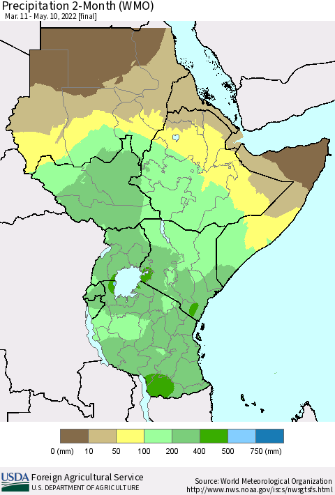 Eastern Africa Precipitation 2-Month (WMO) Thematic Map For 3/11/2022 - 5/10/2022