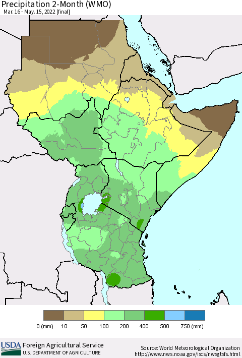 Eastern Africa Precipitation 2-Month (WMO) Thematic Map For 3/16/2022 - 5/15/2022