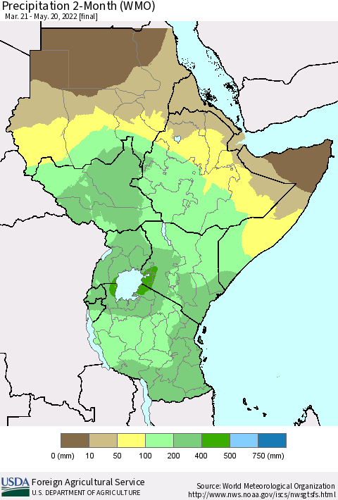 Eastern Africa Precipitation 2-Month (WMO) Thematic Map For 3/21/2022 - 5/20/2022