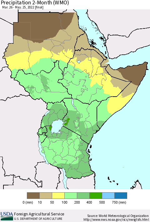 Eastern Africa Precipitation 2-Month (WMO) Thematic Map For 3/26/2022 - 5/25/2022