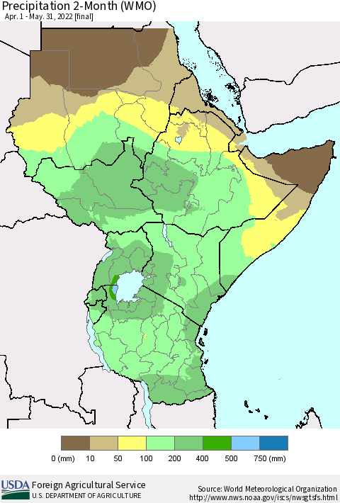 Eastern Africa Precipitation 2-Month (WMO) Thematic Map For 4/1/2022 - 5/31/2022