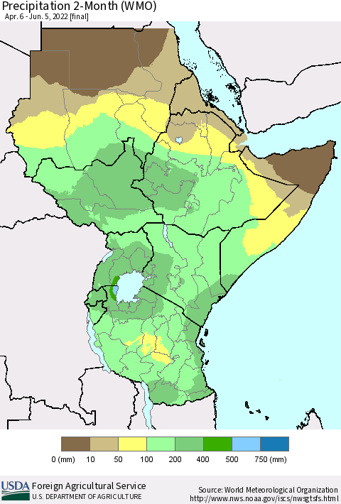 Eastern Africa Precipitation 2-Month (WMO) Thematic Map For 4/6/2022 - 6/5/2022