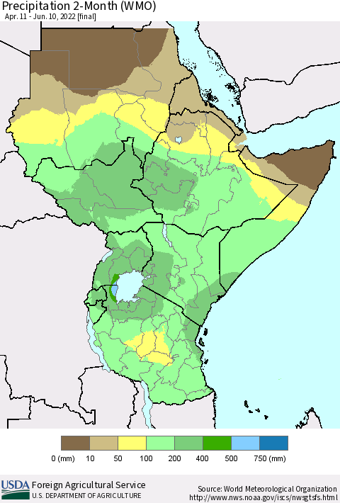 Eastern Africa Precipitation 2-Month (WMO) Thematic Map For 4/11/2022 - 6/10/2022