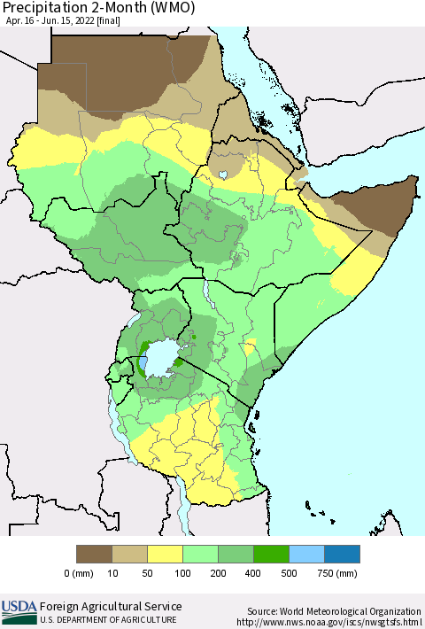 Eastern Africa Precipitation 2-Month (WMO) Thematic Map For 4/16/2022 - 6/15/2022