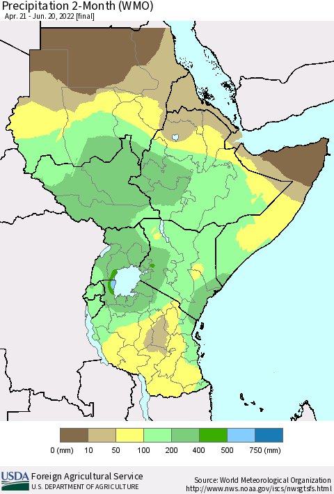Eastern Africa Precipitation 2-Month (WMO) Thematic Map For 4/21/2022 - 6/20/2022