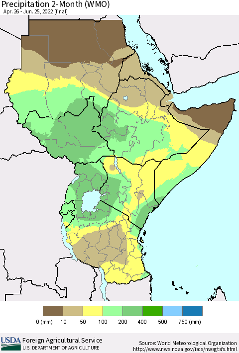 Eastern Africa Precipitation 2-Month (WMO) Thematic Map For 4/26/2022 - 6/25/2022