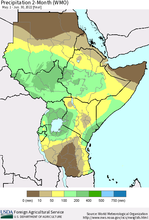 Eastern Africa Precipitation 2-Month (WMO) Thematic Map For 5/1/2022 - 6/30/2022