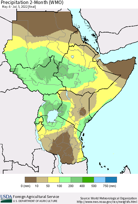 Eastern Africa Precipitation 2-Month (WMO) Thematic Map For 5/6/2022 - 7/5/2022
