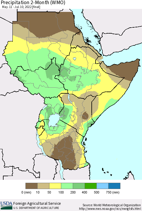 Eastern Africa Precipitation 2-Month (WMO) Thematic Map For 5/11/2022 - 7/10/2022