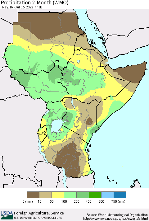 Eastern Africa Precipitation 2-Month (WMO) Thematic Map For 5/16/2022 - 7/15/2022