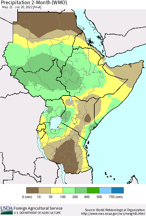 Eastern Africa Precipitation 2-Month (WMO) Thematic Map For 5/21/2022 - 7/20/2022