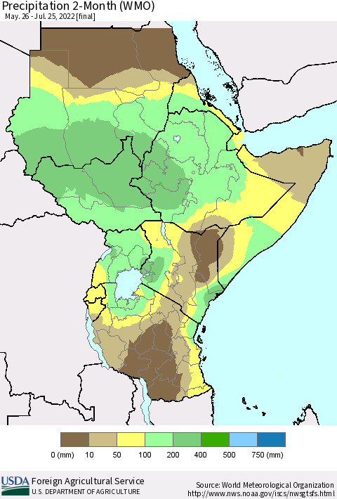 Eastern Africa Precipitation 2-Month (WMO) Thematic Map For 5/26/2022 - 7/25/2022