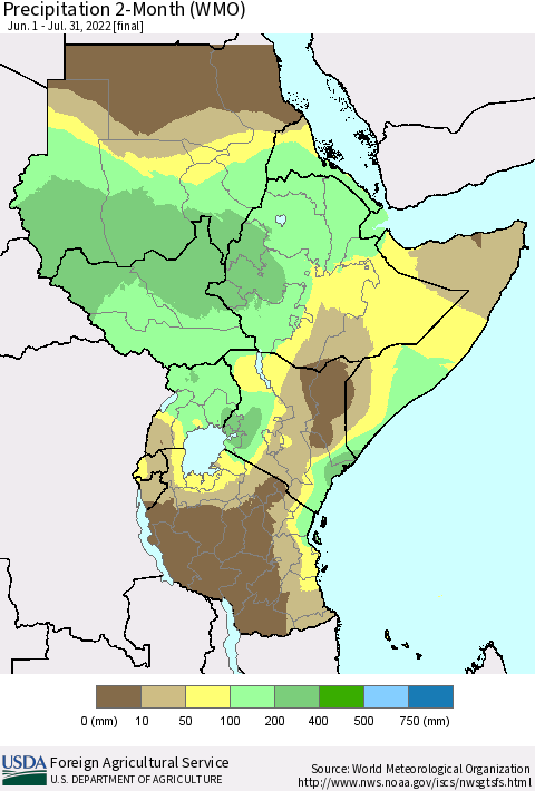 Eastern Africa Precipitation 2-Month (WMO) Thematic Map For 6/1/2022 - 7/31/2022