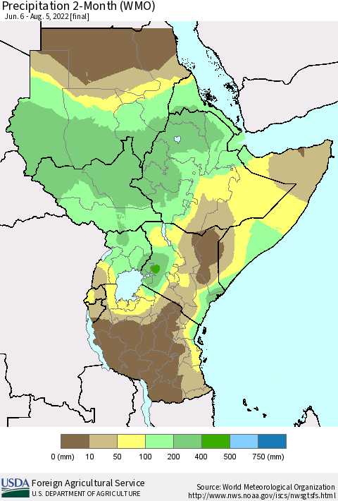 Eastern Africa Precipitation 2-Month (WMO) Thematic Map For 6/6/2022 - 8/5/2022