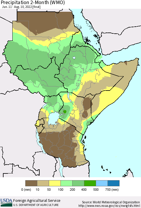 Eastern Africa Precipitation 2-Month (WMO) Thematic Map For 6/11/2022 - 8/10/2022