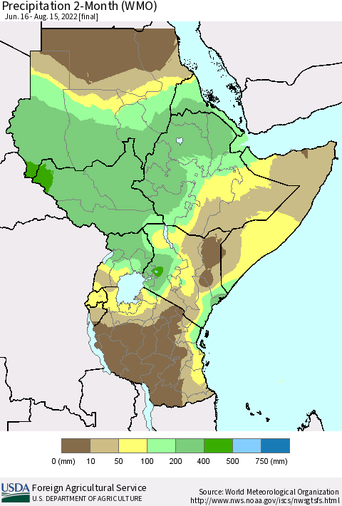 Eastern Africa Precipitation 2-Month (WMO) Thematic Map For 6/16/2022 - 8/15/2022