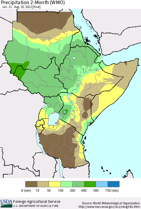 Eastern Africa Precipitation 2-Month (WMO) Thematic Map For 6/21/2022 - 8/20/2022