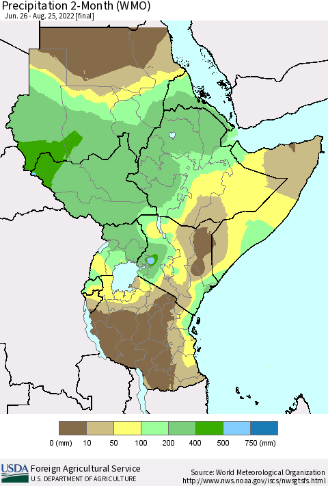Eastern Africa Precipitation 2-Month (WMO) Thematic Map For 6/26/2022 - 8/25/2022