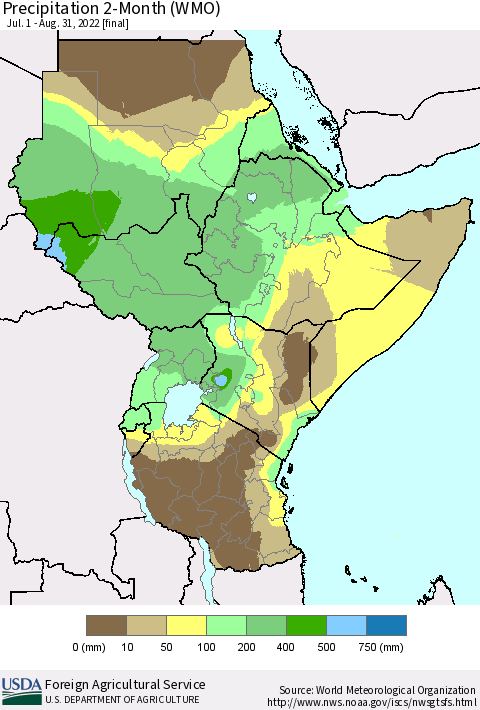 Eastern Africa Precipitation 2-Month (WMO) Thematic Map For 7/1/2022 - 8/31/2022