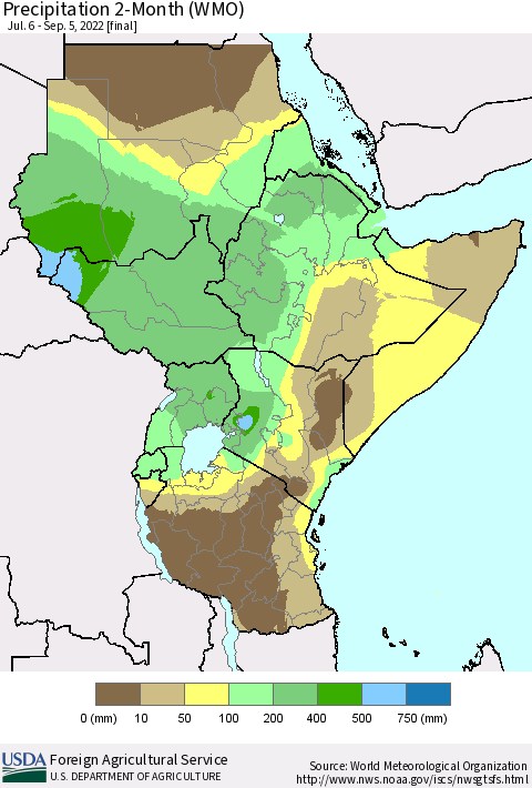 Eastern Africa Precipitation 2-Month (WMO) Thematic Map For 7/6/2022 - 9/5/2022