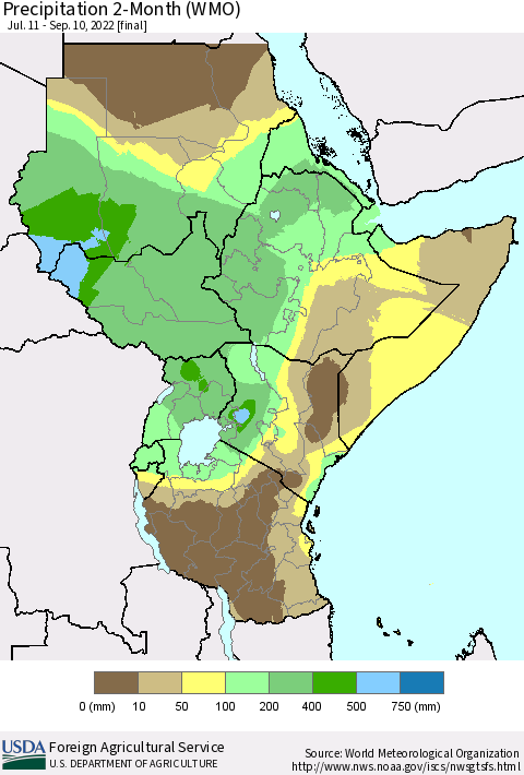 Eastern Africa Precipitation 2-Month (WMO) Thematic Map For 7/11/2022 - 9/10/2022