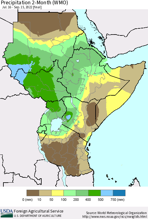 Eastern Africa Precipitation 2-Month (WMO) Thematic Map For 7/16/2022 - 9/15/2022