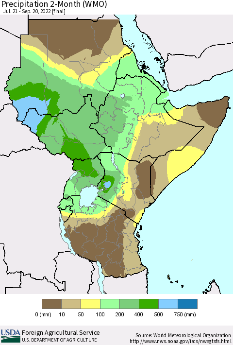 Eastern Africa Precipitation 2-Month (WMO) Thematic Map For 7/21/2022 - 9/20/2022