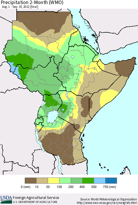 Eastern Africa Precipitation 2-Month (WMO) Thematic Map For 8/1/2022 - 9/30/2022