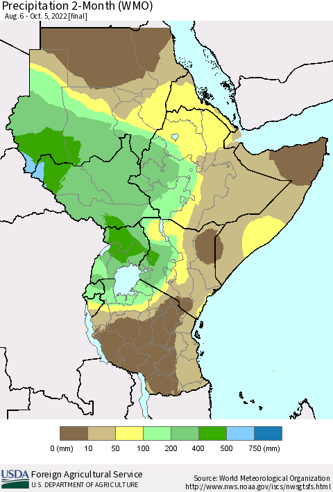 Eastern Africa Precipitation 2-Month (WMO) Thematic Map For 8/6/2022 - 10/5/2022