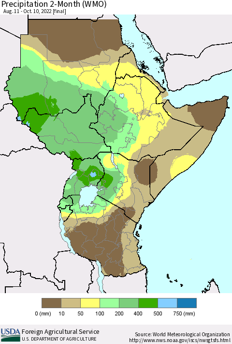 Eastern Africa Precipitation 2-Month (WMO) Thematic Map For 8/11/2022 - 10/10/2022