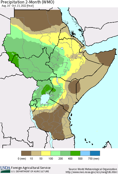 Eastern Africa Precipitation 2-Month (WMO) Thematic Map For 8/16/2022 - 10/15/2022