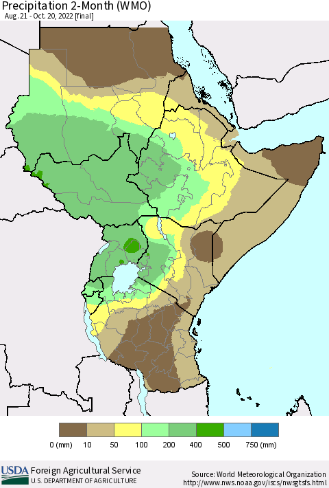 Eastern Africa Precipitation 2-Month (WMO) Thematic Map For 8/21/2022 - 10/20/2022