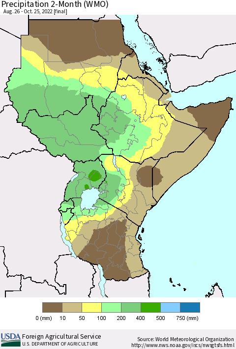 Eastern Africa Precipitation 2-Month (WMO) Thematic Map For 8/26/2022 - 10/25/2022