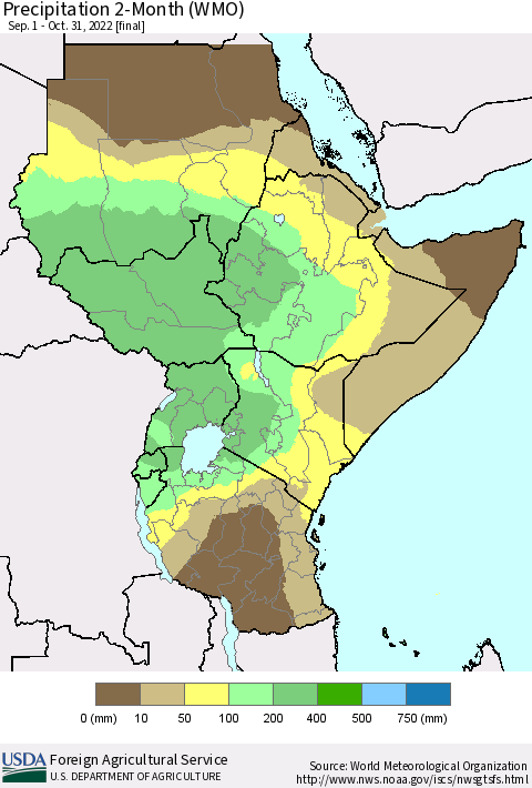 Eastern Africa Precipitation 2-Month (WMO) Thematic Map For 9/1/2022 - 10/31/2022