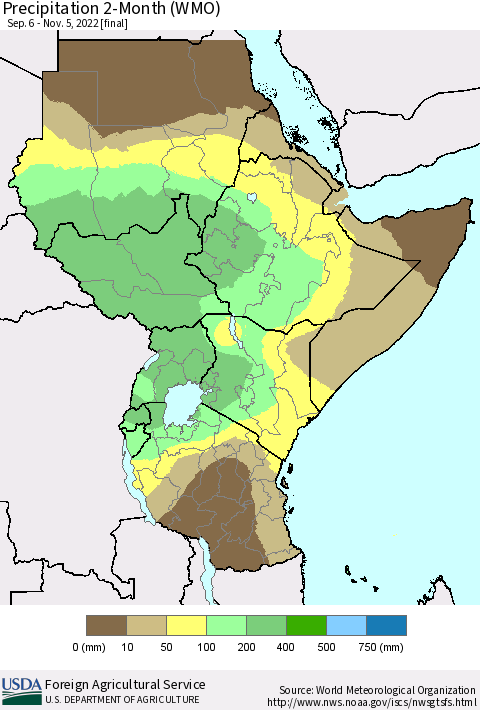 Eastern Africa Precipitation 2-Month (WMO) Thematic Map For 9/6/2022 - 11/5/2022