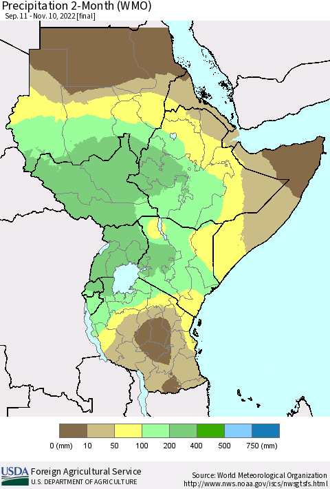 Eastern Africa Precipitation 2-Month (WMO) Thematic Map For 9/11/2022 - 11/10/2022