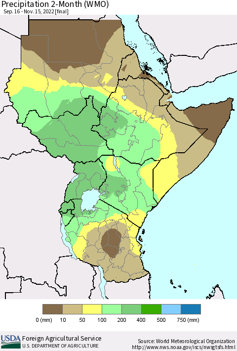 Eastern Africa Precipitation 2-Month (WMO) Thematic Map For 9/16/2022 - 11/15/2022